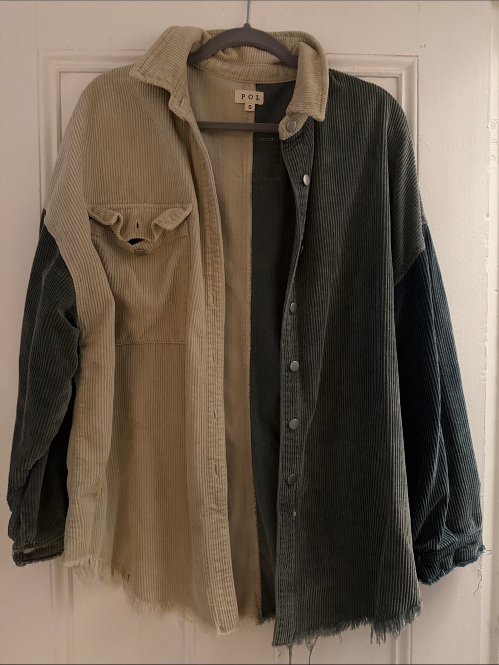POL Two-Tone Corduroy Jacket in Beige & Olive Green